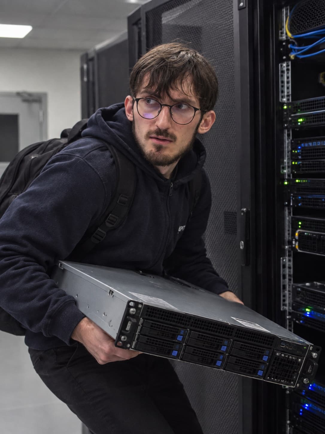 Matteo quittant la salle serveur avec un serveur sous le bras